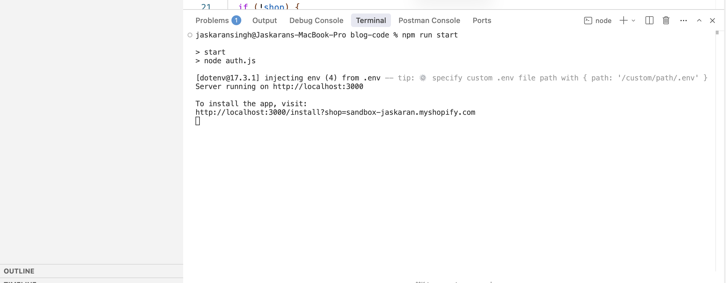 Terminal showing the server running with the install URL